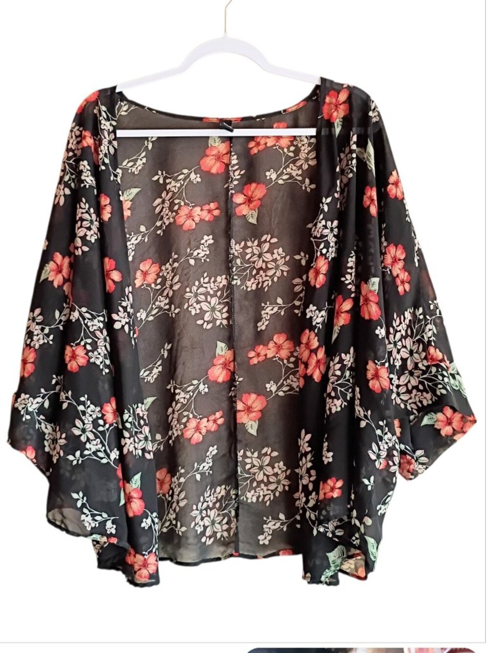 WINDSOR Women's Kimono Black Orange Floral Sheer LARGE